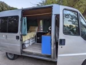 The rented van with sliding door open
