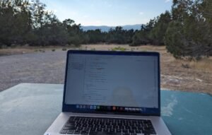 Laptop looking out to the San Pitch Mountains