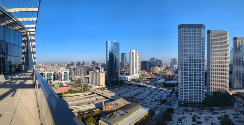 View looking out in the middle of downtown Chicago